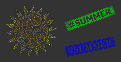 Polygonal sun image, and #Summer blue and green rectangle unclean stamps. Mesh wireframe image based on sun icon. Seals contain #Summer title inside rectangle shape.