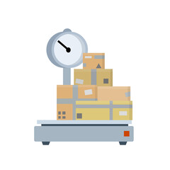 Box is on scale. Weighing of cargo and parcels. Industrial device with platform for heavy loads. Logistics and delivery. Flat cartoon illustration