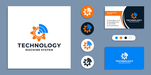 Gear with wifi, technology machine logo and business card design template