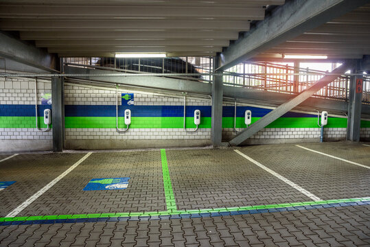 Empty charging station for electric cars in a muty-story car park