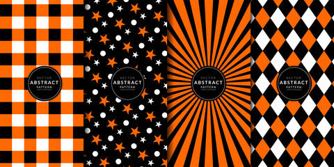 Halloween digital paper. Abstract geometric buffalo check and gingham pattern set. Orange, Black, White, Star, Burst, Diamond. Endless texture with for decorative paper, fabric.