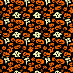 Hand drawn halloween pumpkins and ghost seamless background. Vector spook illustration wallpaper
