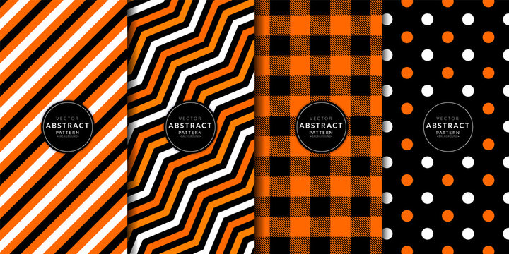 Halloween Digital Paper. Abstract Geometric Buffalo Check And Gingham Pattern Set. Orange, Black, White, Zigzag, Polka Dots, Line Stripes. Endless Texture With For Decorative Fabric.