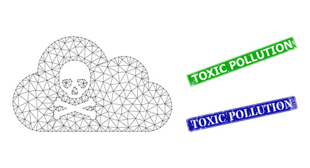 Polygonal toxic gas image, and Toxic Pollution blue and green rectangular dirty seal prints. Polygonal wireframe illustration based on toxic gas icon.
