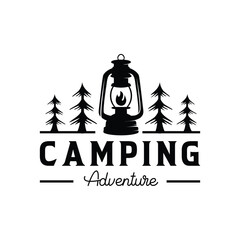 hand drawn camping logo with lantern Vintage emblem forest. Retro style camping camper explore. Outdoor adventure badge design. Travel and hipster mountain outdoor. Wilderness theme © i.d99d
