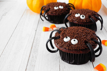 Spooky Halloween spider cupcakes. Close up against a white wood background. - Powered by Adobe