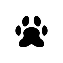 Flat cartoon animal footprint silhouette. Cat or dog foot web icon, unknown animal. Black print paw trace. Isolated vector illustration. Trendy style design
