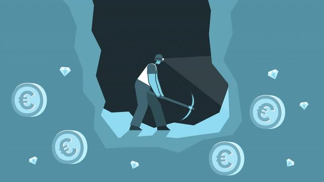 Flat man miner working with mining pickaxe in mine with euro coins. Flat Design Cartoon Character Isolated Loop 2d Animation
