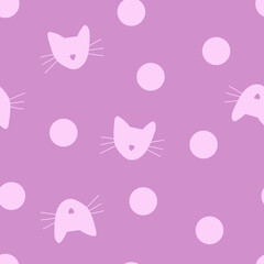 Vector polka dot seamless cute cartoon chaotic pattern with cat faces in pink tones for fashion design, paper, web design, scrapbooking, textile, fabric, wallpapers