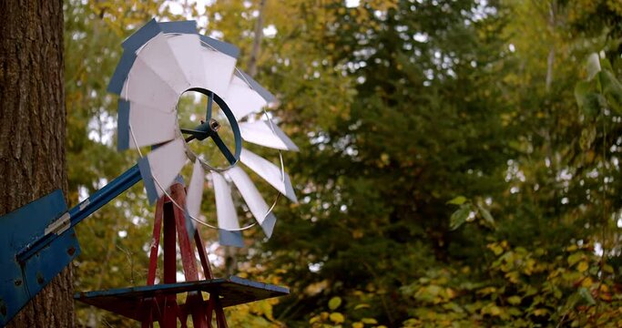 Lock off shot looking up at a weathervane slowly spinning on a dreary breezy autumn day