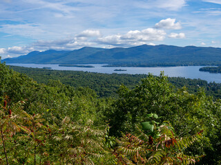 Panoramic view of Lake George in the Adirondack mountains, upstate New York, USA in late September