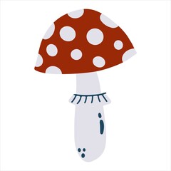 Hand drawn amanita mushroom in cartoon flat style isolated on white background. Vector illustration of fly-agaric