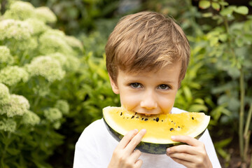 Portrait of a cute boy who cheerfully eats an unusual yellow watermelon.