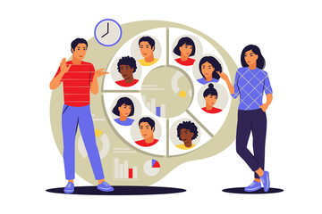 Audience segmentation concept. People near a large circular chart with images of people. Vector illustration. Flat.