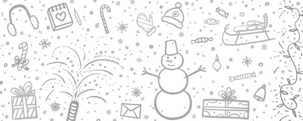 Christmas background. Hand drawn xmas elements. Abstract holiday signs and objects. Freehand drawings. Merry Christmas. Happy New Year. Black and white illustration