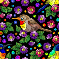 Seamless pattern with bright birds and flowers and leaves on a black background