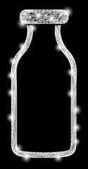 Bright net mesh empty bottle frame with light spots. Illuminated vector mesh created from empty bottle pictogram and intersected white lines. Sparkle frame mesh empty bottle, on a black backgound.