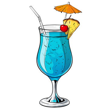 recommend clip art: Blue lagoon cocktail, hand drawn alcohol drink with pineapple slice, cherry and umbrella. Vector illustration on white background