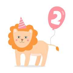 Cute lion in birthday hat holding balloon with number two.