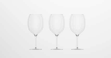 Empty wine glasses isolated on white background. Mockup blank transparent wineglasses, crystal goblets for alcohol drinks or cocktails, clear cups for vine beverage. Realistic illustration, 3d render
