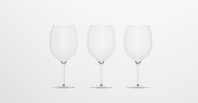 Empty wine glasses isolated on white background. Mockup blank transparent wineglasses, crystal goblets for alcohol drinks or cocktails, clear cups for vine beverage. Realistic illustration, 3d render