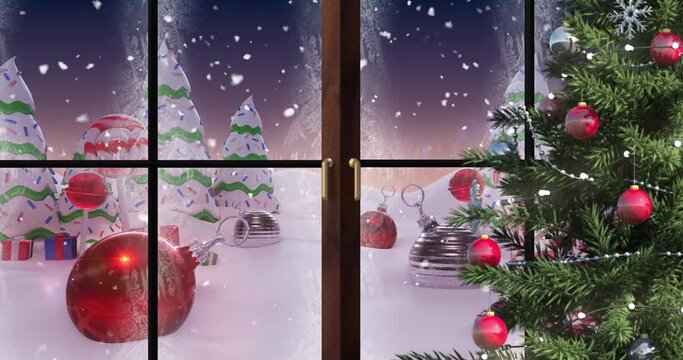 Animation of snow falling over christmas tree and winter landscape seen through window