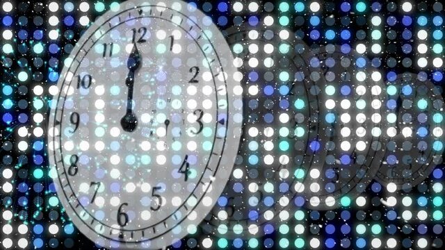 Animation of clock showing midnight, fireworks exploding with rows of dots and snow falling