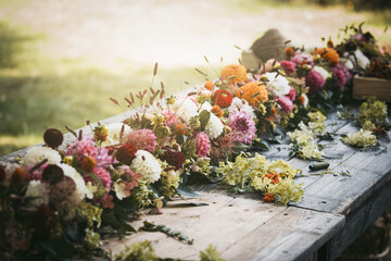 floristic composition on a wooden table, master class in the open air