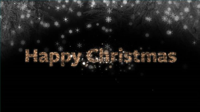 Happy christmas text against fireworks bursting and snowflakes falling against black background