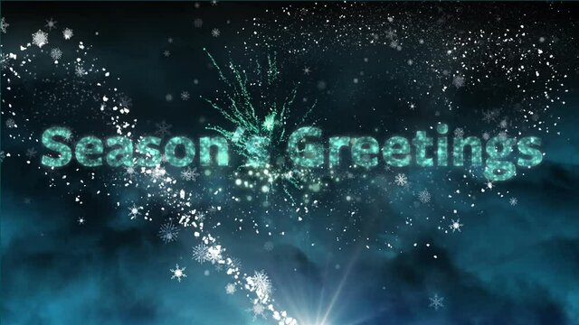Seasons greeting text fireworks bursting, shooting star and light spot against blue background