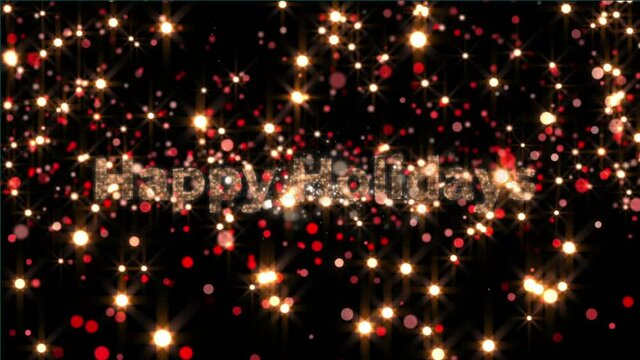 Happy holidays text against fireworks bursting and spots of light against black background