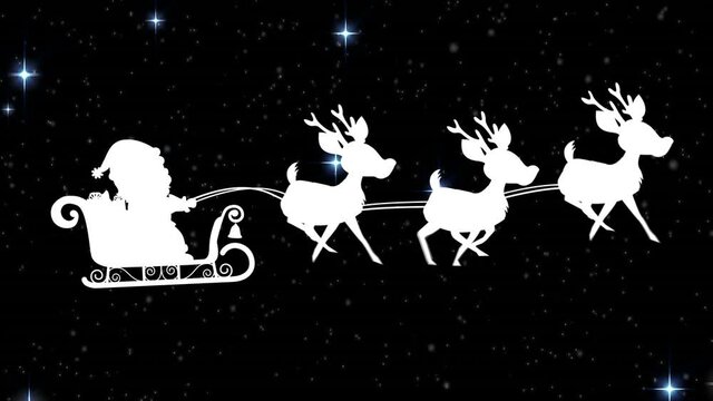Santa claus in sleigh being pulled by reindeers against blue shining stars on black background