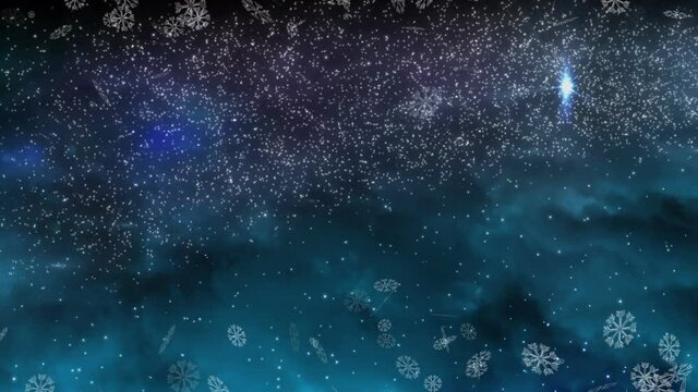 Digital animation of snowflakes icons floating against shooting star on blue background