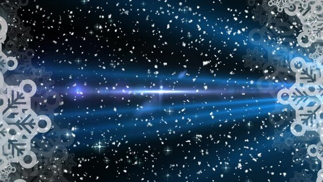 Frame of snowflakes icons against blue shooting stars on black background