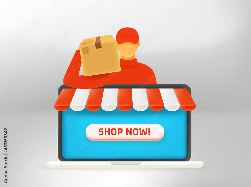 Poster online shopping vector concept. man delivering goods via internet