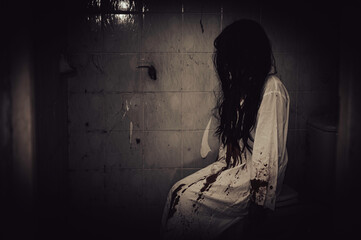 Portrait of asian woman make up ghost,Scary horror scene for background,Halloween festival...