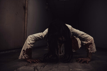 Portrait of asian woman make up ghost,Scary horror scene for background,Halloween festival...