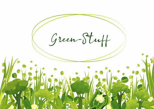 Green goods, fresh vegetables, green-stuff vector border set. Avocado, pees bell pepper jalapeno green onion spinach cress salad, asparagus, broccoli, vitamin splash, salad. Banner advertising 