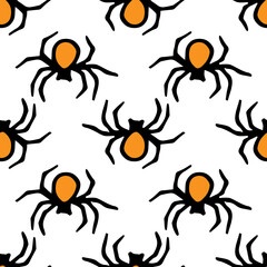 vector seamless pattern of orange spiders with a black outline is drawn in doodle style on a white background. spider top view, black line drawing in doodle style for halloween design template