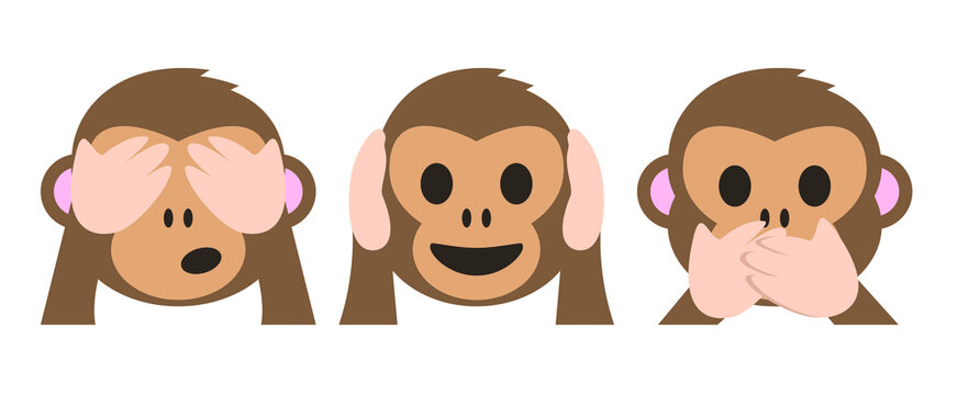 Gandhi's Three Monkeys Emoji Icon Set .  See No Evil , Hear No Evil , Speak No Evil . Monkey Face Flat Vector Illustration Icon Isolated On White Background .