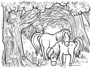 A pair of fabulous unicorns graze in a dense forest in a meadow, illustration for children, coloring antistress
