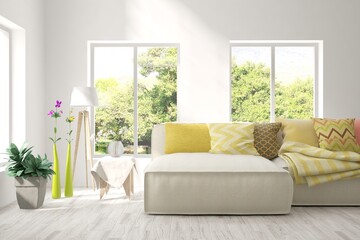 White living room with sofa and summer landscape in window. Scandinavian interior design. 3D illustration