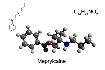 Chemical formula, skeletal formula and 3D ball-and-stick model of local ester anesthetic meprylcaine, white background