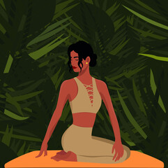 Digital illustration beautiful yogi girl in summer resting on bali island doing yoga in the jungle meditating and relaxing for health