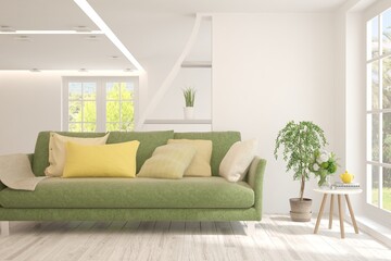 Fototapeta premium White living room with sofa and summer landscape in window. Scandinavian interior design. 3D illustration