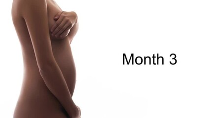 Different belly growth stadiums during pregnancy stages from flat to huge. Body and stomach of pregnant woman isolated on white.