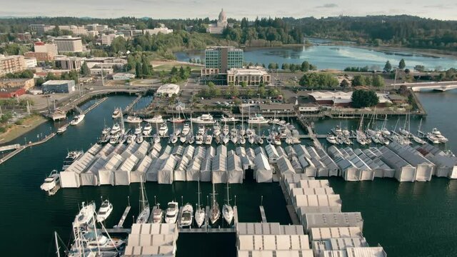 Aerial: Downtown Olympia And Boat Harbor, Washington, USA