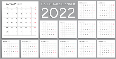 Calendar Planner Design 2022 and January 2023. Week starts from Monday. Month calendar template on grey background and square white sticker papers with sharp shadow.