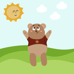 Cute bear greeting sunny day. Vector illustration
