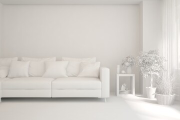 Mock up of minimalist living room in white color with sofa. Scandinavian interior design. 3D illustration